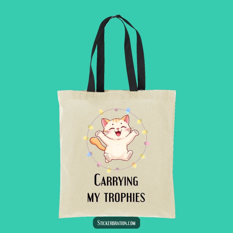 Funny Cat Tote Bag: Leaping Lights Adventure, Eco-Friendly & Fun