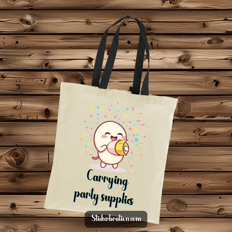 Funny tote bag with a giggling confetti cannon character joyfully spraying colorful confetti, ideal for carrying party essentials.