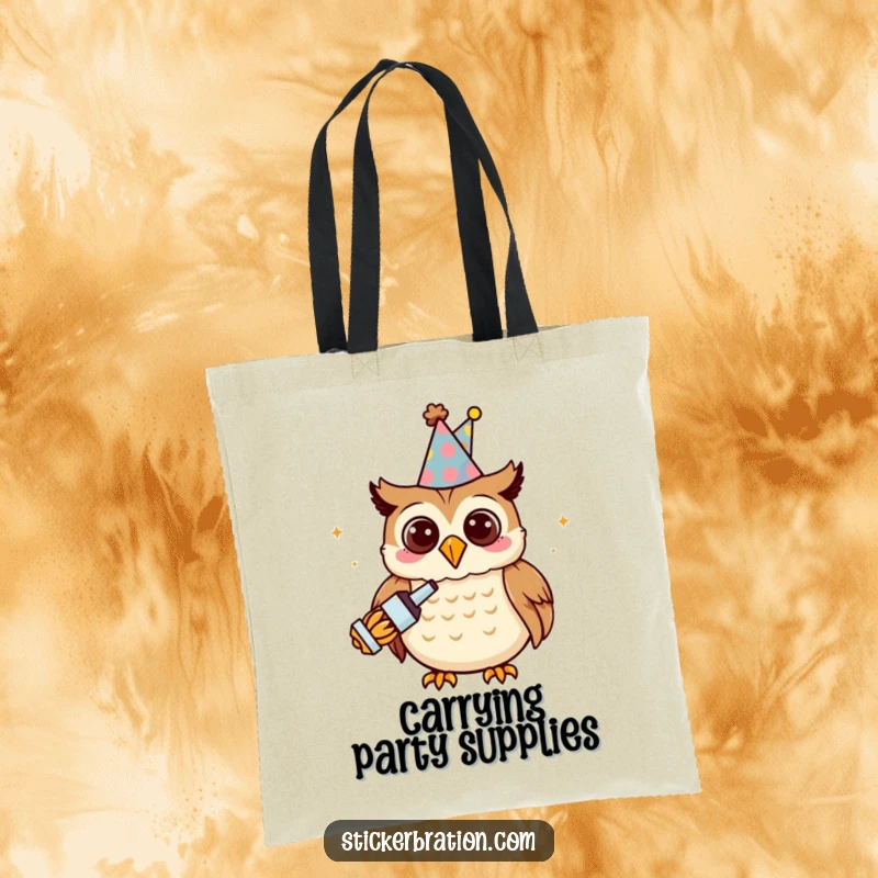 Funny owl character on a tote bag, wearing a party hat and holding a noisemaker, looking festive.