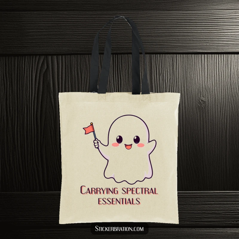 Funny tote bag showcasing a cute ghost character happily waving a small flag, ideal for carrying items with friendly flair.