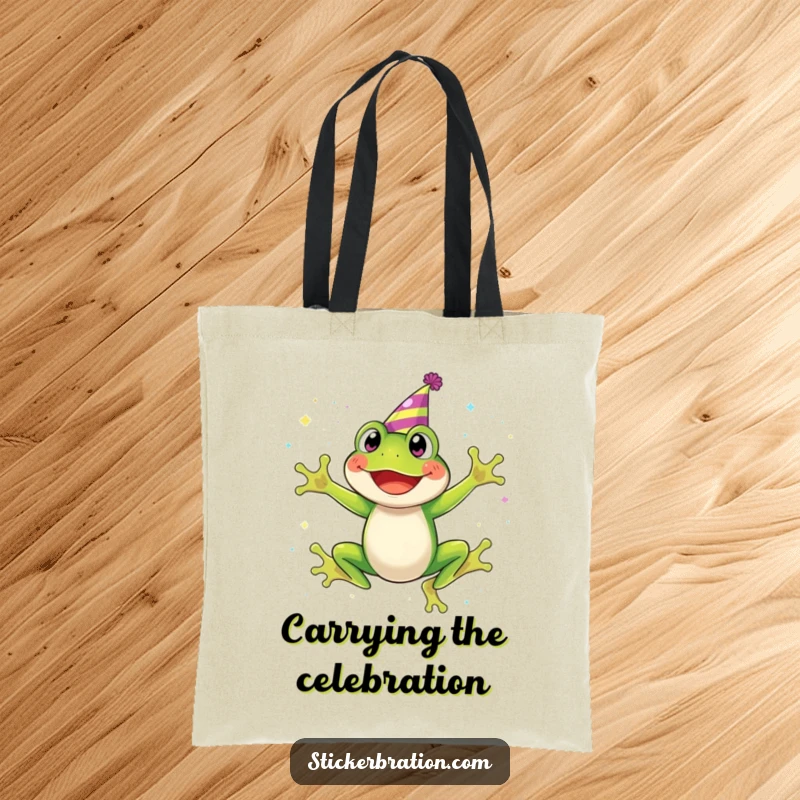 Funny tote bag illustrating a jubilant frog wearing a party hat, jumping energetically through a shimmering cascade of glitter.
