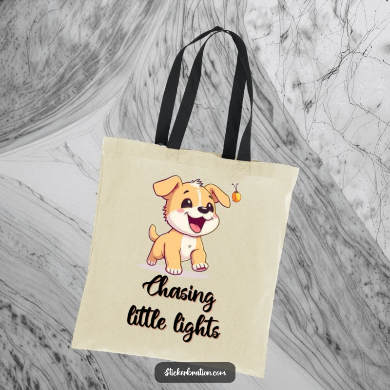 Funny Puppy Firefly Tote Bag: An excited puppy’s joyful pursuit of a firefly, a cute and functional accessory.