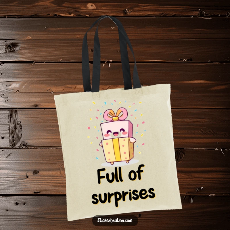 Funny gift box tote bag featuring a smiling character bursting with confetti, perfect for carrying essentials with festive energy.