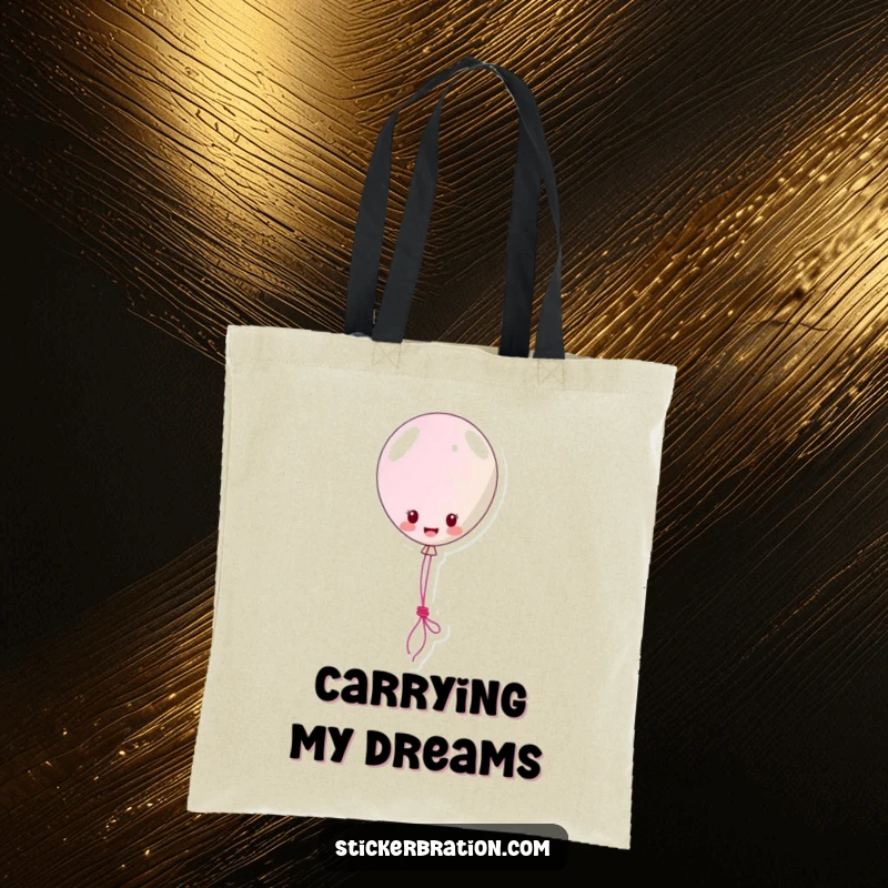 Funny Tote Bag: A smiling balloon sticker character happily floats, lassoing a string with a carefree and adventurous spirit.