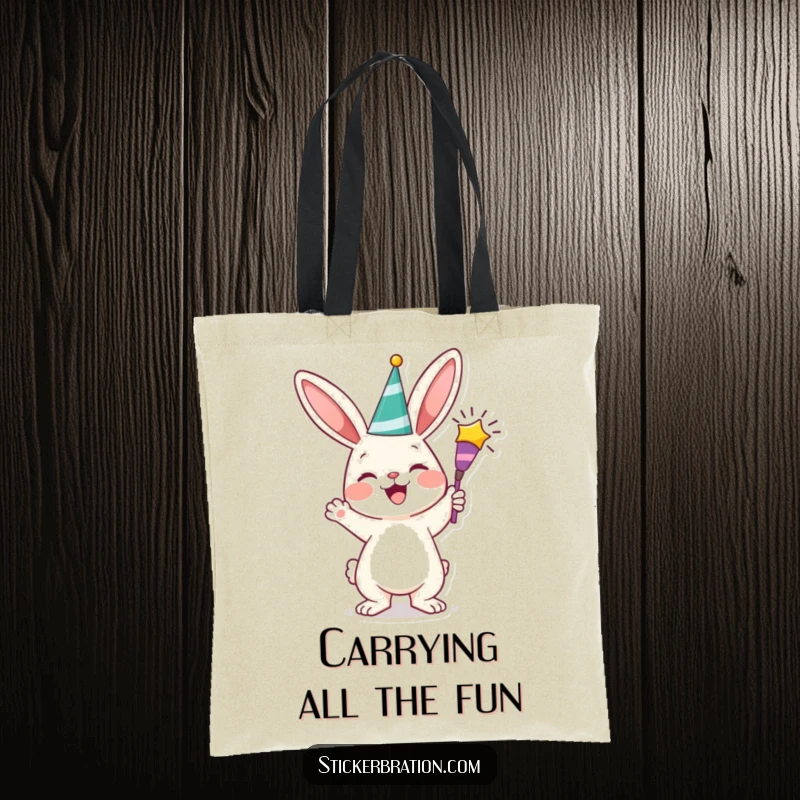 Funny bunny tote bag featuring a cheerful character gleefully holding a party popper, ready to add a festive touch to any outing.