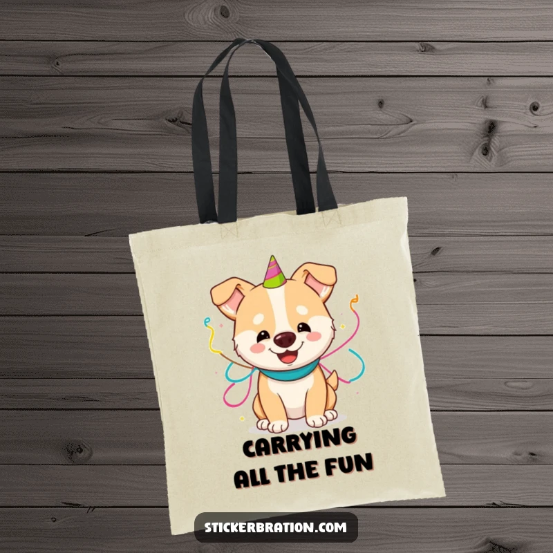 Funny tote bag illustrated with a joyful dog playfully entangled in colorful party streamers, symbolizing pure, unadulterated celebration.