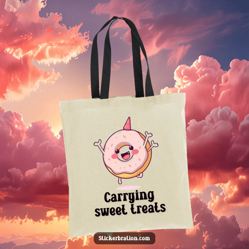 Funny tote bag showcasing a happy donut character mid-leap in a celebratory jump, ideal for carrying essentials with festive flair.