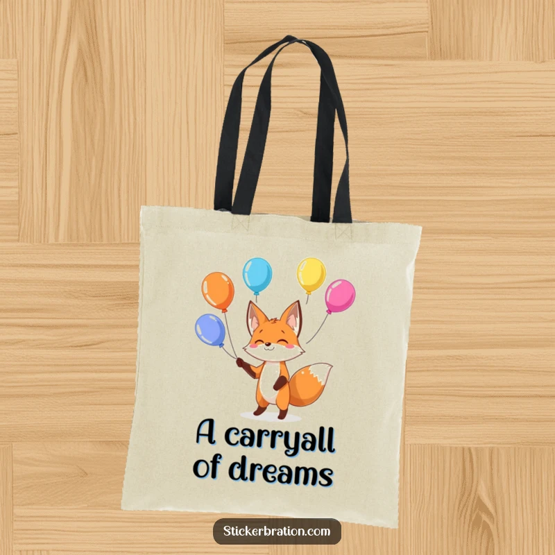 Funny fox tote bag with a playful character juggling colorful balloons, perfect for shopping and carrying party supplies.