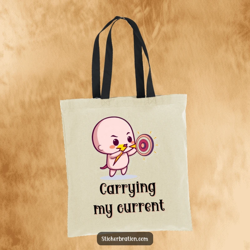 Funny tote bag depicting a playful lightning bolt character expertly striking a small target, ideal for carrying essentials with style.