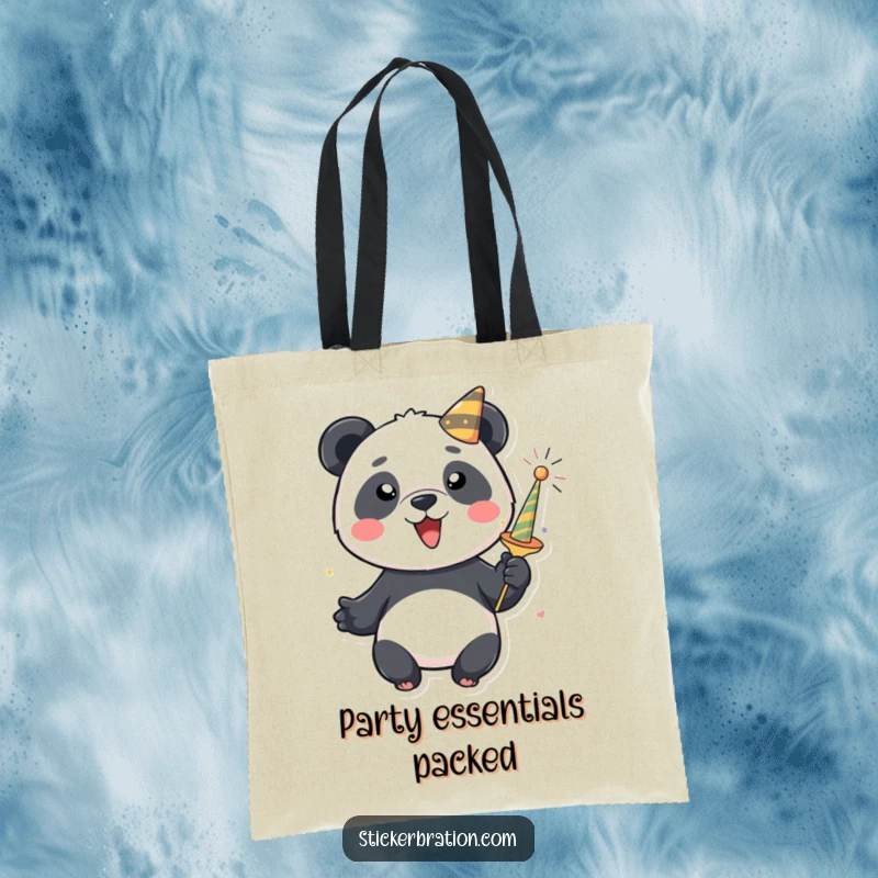 Funny panda tote bag showcasing a playful character with a bursting party popper, ready for festivities. Durable and cheerful.