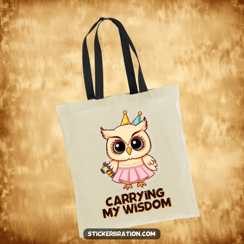 Funny tote bag showing a grinning owl in a party dress holding a noisemaker, perfect for carrying items with a festive, whimsical flair.
