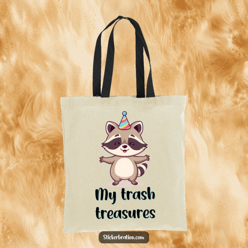 Funny Raccoon Jig Tote Bag featuring a happy raccoon dancing with a party hat, perfect for carrying essentials while showcasing a festive and humorous style.