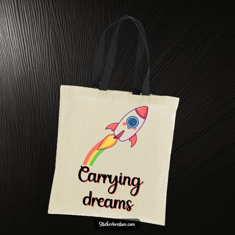 Funny rocket tote bag featuring a cheerful rocket leaving a bright rainbow trail, perfect for carrying items with stellar style.