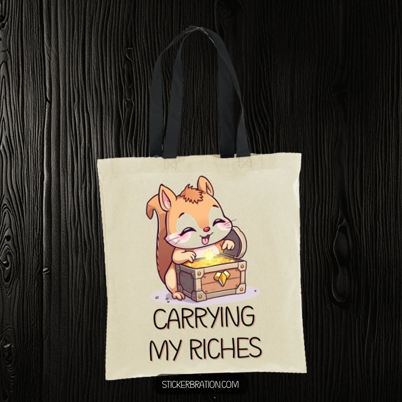 Funny Squirrel Treasure Tote Bag: A curious squirrel gleefully spots a treasure chest, perfect for shoppers and humor lovers.