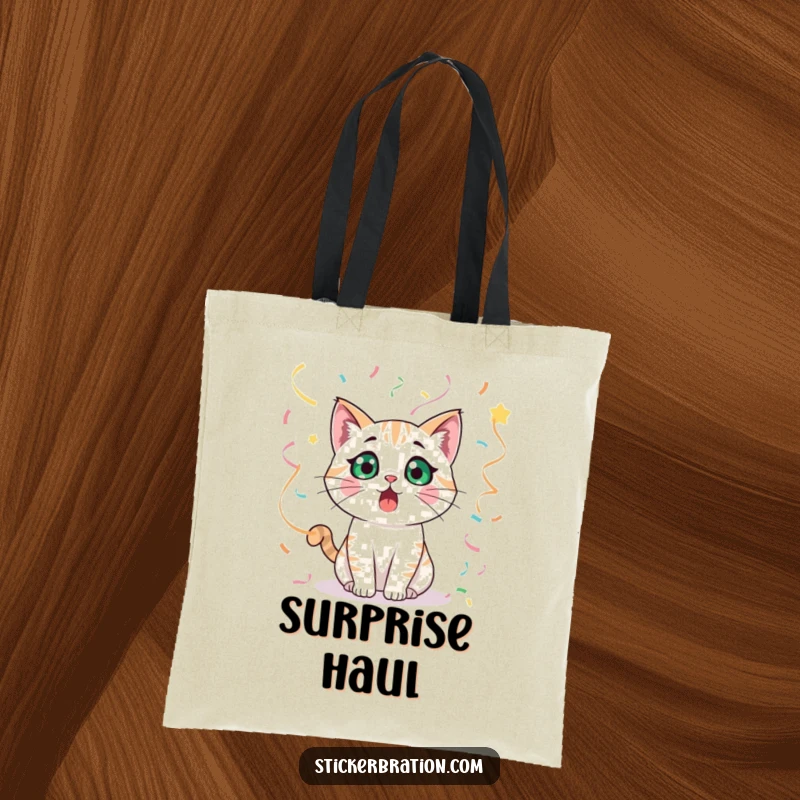 Funny cat with a surprised expression, surrounded by streamers, featured on a practical tote bag.