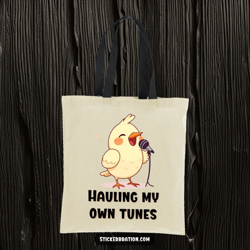 Funny bird tote bag with a happy bird singing into a small microphone, a charming and practical accessory for music lovers.