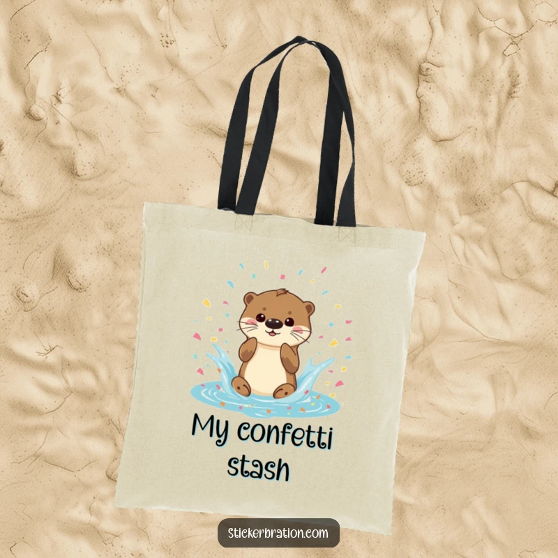 Funny Otter Splash Tote Bag featuring a playful otter splashing in confetti, perfect for shopping while showcasing a fun and humorous style.